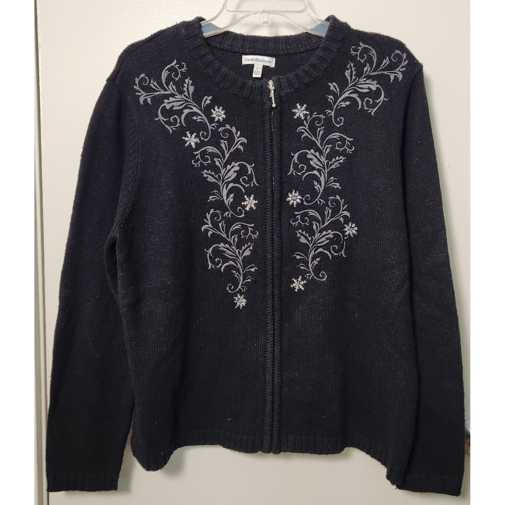 Croft & Barrow Women's Black Embroidered Cardigan Sweater Full Zip XL Beaded‎